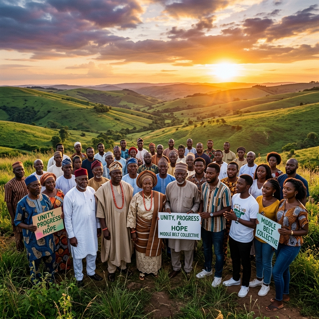 Wide documentary shot of diverse community members gathered in peaceful discussion during golden hour